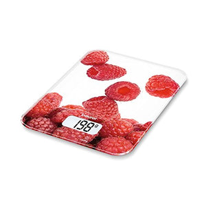 Beurer KS19 70405 Glass Kitchen Scale, Metric/Imperial, Berry Design, White/Red, 4cm x 18.5cm x 24cm