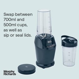 Morphy Richards Compact Blender, included Cups with Lids, Double-action Blades, 3 Pre-settings, Overheat Protection, Dishwasher Safe, 1000w, Midnight Blue, 403060