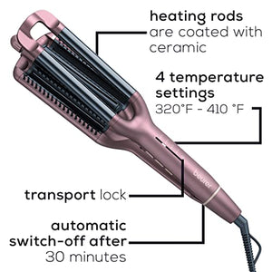 Beurer HT65 4-in-1 Wave Styler, 3 Barrel Curling Iron and Crimper, Adjustable Deep Hair Waver Wand for Beach, Mermaid, Natural, and Water Waves, Curls, Crimps, Hot Styling Tools